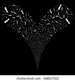 Exclamation Sign fireworks stream. Vector illustration style is flat white iconic symbols on a black background. Object double fountain made from random symbols.