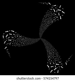 Exclamation Sign fireworks swirl rotation. Vector illustration style is flat white iconic symbols on a black background. Object whirl created from random design elements.