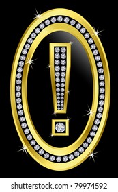 Exclamation sign, golden button with diamonds