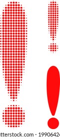 Ausrufezeichen mit halbem Punkt Symbol. Halftone Muster enthält runde Pixel. Vektorgrafik von Ausrufezeichen-Symbol auf weißem Hintergrund.