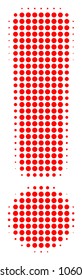 Exclamation Sign halftone vector pictogram. Illustration style is dotted iconic Exclamation Sign icon symbol on a white background. Halftone texture is round elements.