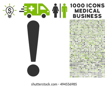 Exclamation Sign icon with 1000 medical business eco green and gray vector pictograms. Clipart style is flat bicolor symbols, white background.