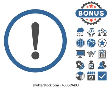 Exclamation Sign icon with bonus symbols. Vector illustration style is flat iconic bicolor symbols, cobalt and gray colors, white background.