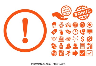 Exclamation Sign icon with bonus symbols. Vector illustration style is flat iconic symbols, orange color, white background.