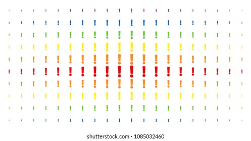 Exclamation sign icon rainbow colored halftone pattern. Vector exclamation sign shapes are arranged into halftone matrix with vertical spectrum gradient. Designed for backgrounds, covers,