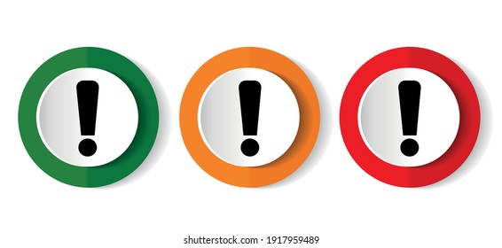 Juego de iconos de signo de exclamación, botones web de diseño plano rojo, verde y naranja aislados en fondo blanco, ilustración vectorial