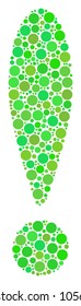 Exclamation Sign mosaic of circle elements in variable sizes and fresh green color tones. Vector round dots are composed into exclamation sign illustration. Freshness vector illustration.