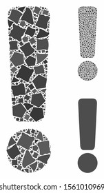 Exclamation sign mosaic of tuberous elements in various sizes and color hues, based on exclamation sign icon. Vector rugged elements are united into mosaic.