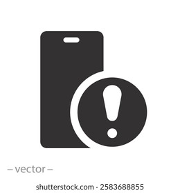 exclamation sign on the mobile screen, alert in the phone about scam icon, error warning, flat vector illustration