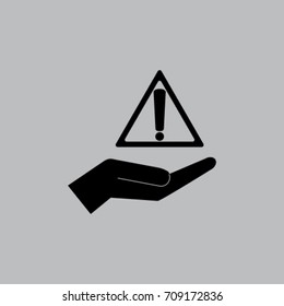 Exclamation sign on the palm vector icon