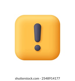 Signo de exclamación en Botón App cuadrado amarillo. Concepto de alerta, advertencia, precaución y peligro. Icono de Vector 3D. Estilo minimalista de dibujos animados.