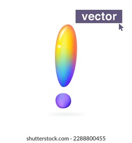 Exclamation sign rainbow-colored logo. Plastic cartoon style. Vector 3D render style glossy colorful emblem. Perfect for creative cute app, modern nightlife design, vibrant blockchain advertising.