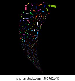 Exclamation Sign random fireworks stream. Vector illustration style is flat bright multicolored iconic symbols on a black background. Object fountain combined from scattered pictographs.