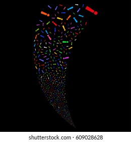 Exclamation Sign random fireworks stream. Vector illustration style is flat bright multicolored iconic symbols on a black background. Object fountain combined from scattered pictographs.