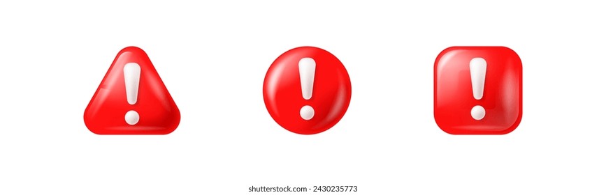 Exclamation sign red three-dimensional buttons. Alert rounded circle, triangle and square button set.