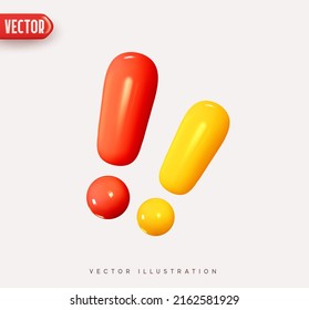 Exclamation sign red and yellow colors. Realistic 3d symbol icon design. Vector illustration
