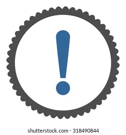 Exclamation Sign round stamp icon. This flat vector symbol is drawn with cobalt and gray colors on a white background.