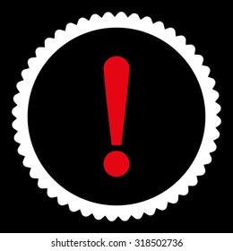 Exclamation Sign round stamp icon. This flat vector symbol is drawn with red and white colors on a black background.