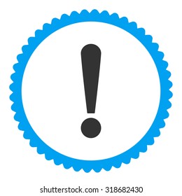 Exclamation Sign round stamp icon. This flat vector symbol is drawn with blue and gray colors on a white background.
