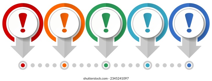 Juego de iconos de vectores de signo de exclamación, plantilla de infografía de diseño plano, establecer iconos de concepto de puntero en 5 opciones de color para diseño web y aplicaciones móviles