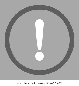 Exclamation Sign vector icon. This rounded flat symbol is drawn with dark gray and white colors on a silver background.