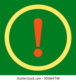 Exclamation Sign vector icon. This rounded flat symbol is drawn with orange and yellow colors on a green background.