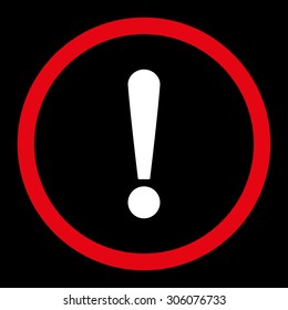Exclamation Sign vector icon. This rounded flat symbol is drawn with red and white colors on a black background.