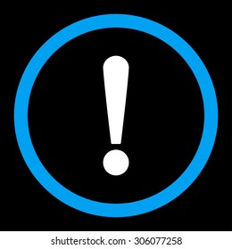Exclamation Sign vector icon. This rounded flat symbol is drawn with blue and white colors on a black background.