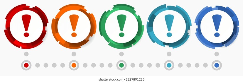 Signo de exclamación, conjunto de iconos vectoriales de concepto de advertencia, botones web abstractos de diseño moderno en 5 opciones de color, plantilla infográfica