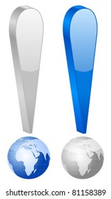 Exclamation symbol with globe on white background. Vector illustration.