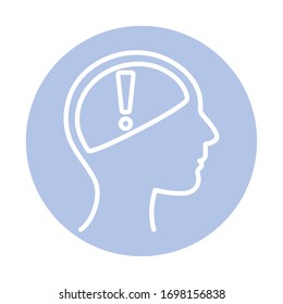 exclamation symbol inside human head block style icon design, Mental health mind science intelligence idea medical and education theme Vector illustration