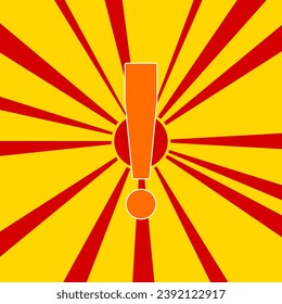 Exclamation symbol on a background of red flash explosion radial lines. The large orange symbol is located in the center of the sun, symbolizing the sunrise. Vector illustration on yellow background