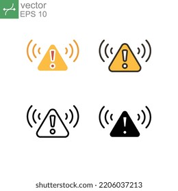 Exclamation Symbol In Triangle Badge With Signal. Dangerous Information For Safety. Prohibit Zone, Precaution Area. Alarm, Ring, Warning Icon. Vector Illustration. Design On White Background. EPS10