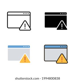 Exclamation symbol in window screen for error or maintenance application sign. web browser trouble with Security Shield. Alert, app warning icon. Vector illustration design on white background. EPS10