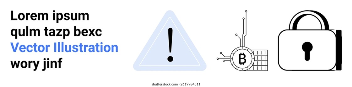 Exclamation triangle, bitcoin with digital circuit, and a lock symbolize alerts, cryptocurrency, and security. Ideal for fintech, digital currency, cybersecurity, warning signs, blockchain, data