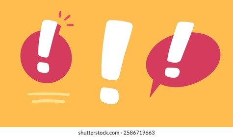 Exclamation warning alert attention doodle error message comic fun cartoon style design vector graphic illustration set, important critical danger notice hand drawn speech bubble image clip art 