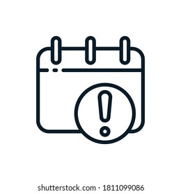 Ausrufezeichen, Warnung, Vorsicht mit Kalenderumrisssymbole. Vektorgrafik. Bearbeitbarer Strich. Einzeln Symbol geeignet für Web, Infografiken, Interface und Apps.