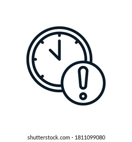 Exclamation, warning, caution with clock outline icons. Vector illustration. Editable stroke. Isolated icon suitable for web, infographics, interface and apps.