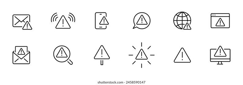 Exclamación, iconos de advertencia establecidos. Notificación, iconos de dispositivo de atención establecidos. Vector