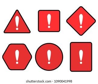 Exclamation and warning red symbol set. Attention exclamation sign risk, triangle safety, caution security, vector illustration