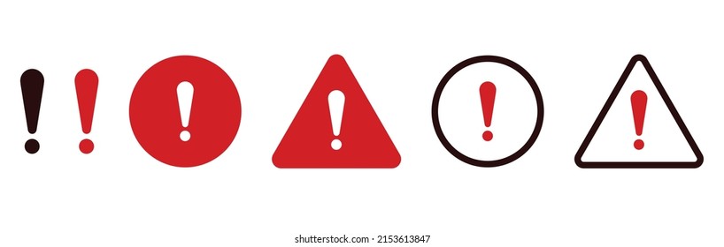 Exclamation warning signs. Red warning symbols for caution and possible danger message about alarm and violations in work vector processes