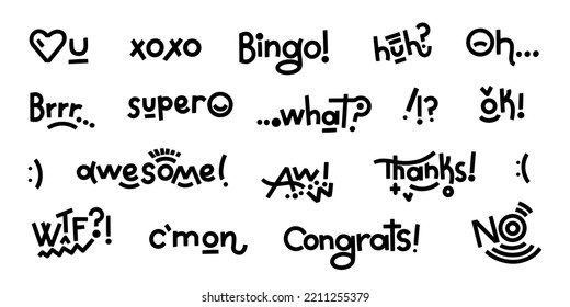 Exclamations oh, huh, aww, wtf and other words such as congrats, awesome, super as a collection. Modern bold lettering with geometric elements. Vector funny words for stickers, posters, social media.