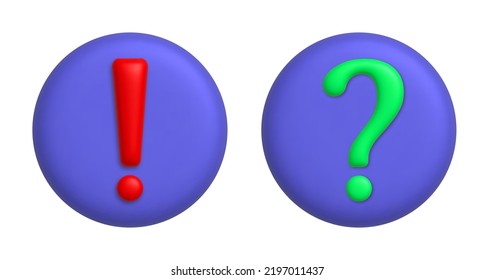 Marca exclamatoria e interrogativa. Iconos 3d en el botón redondo morado. 3d elemento de diseño realista. Ilustración vectorial.
