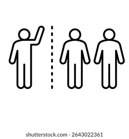 Exclusion icon outline style. Individual figure away from two grouped people symbolizing social rejection, quarantine, or separation. Thin line symbol vector illustration.