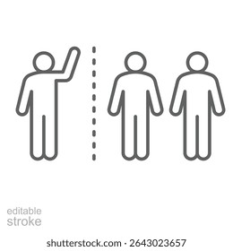 Estilo da estrutura de tópicos do ícone de exclusão. Figura individual longe de duas pessoas agrupadas simbolizando rejeição social, quarentena ou separação. Ilustração de vetor de símbolo de linha fina. Traçado editável