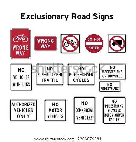 Exclusionary road signs. Vector road signs.