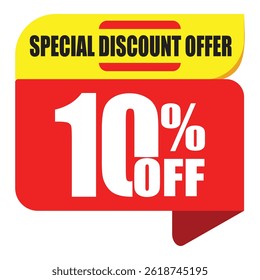 Exclusive 10% off badge in abstract design. Its perfect for promotion campaigns and advertising. Red, white, and yellow sticker with bubble elements. Ideal for retail shopping and business deals.