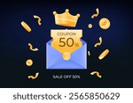 Exclusive 50% discount coupon for member loyal customers, subscription with crown, gold coins and blue envelope, crown and confetti. sales promotions, discounts and special offers, vector illustration