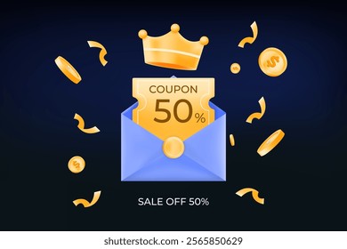 Exclusive 50% discount coupon for member loyal customers, subscription with crown, gold coins and blue envelope, crown and confetti. sales promotions, discounts and special offers, vector illustration