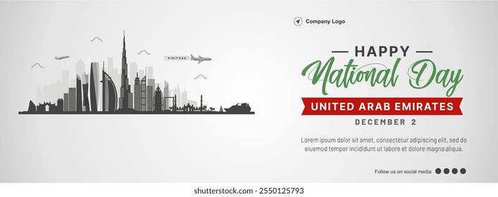 Exclusivo 53 Anos UAE Dia Nacional 2024 com Dubai Skyline Design, Banner, Fundo, Saudação, Modelo, Saudação. Ilustração vetorial de Eid Al Etihad 2024 nos Emirados Árabes Unidos